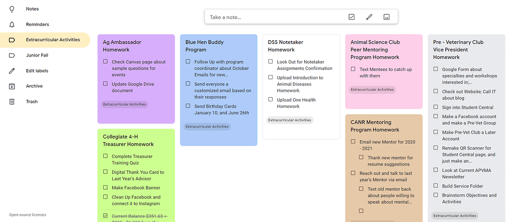 Google Keep Extracurriculars View